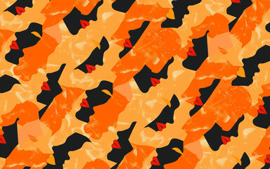 Abstract Silhouette Pattern with Faces in Orange and Black