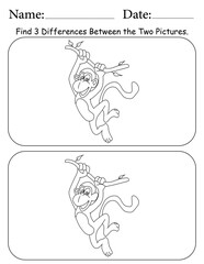 Monkey Puzzle. Printable Activity Page for Kids. Educational Resources for School for Kids. Kids Activity Worksheet. Find Differences Between 2 Shapes