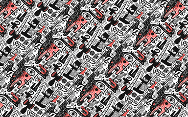 Abstract Black and White Pattern with Red Accents