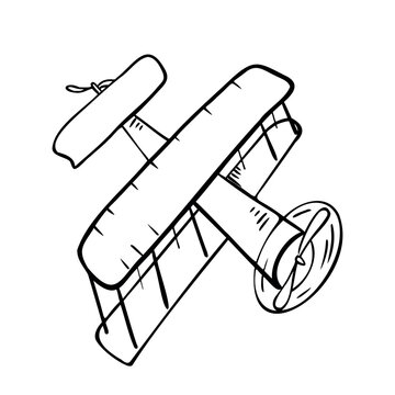 recommend clip art: Black and white biplane in vintage style vector illustration isolated. Aircraft ink silhouette flying with propeller and two wings hand drawn. Coloring childish plane. Simple cartoon air transport