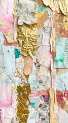 Fashionable background with a collage of torn paper from magazines, variety of patterns. Pastel colours. Generative AI