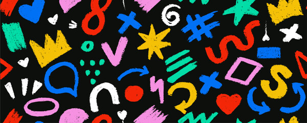 Multicolored graffiti doodle punk and girly shapes collection. Hand drawn abstract scribbles and squiggles, creative various shapes, colorful pencil drawn icons. Scribbles, scrawls, stars, crown, curl