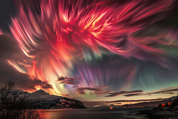 Generative ai on theme of beautiful northern lights, bright aurora borealis winter in atmosphere
