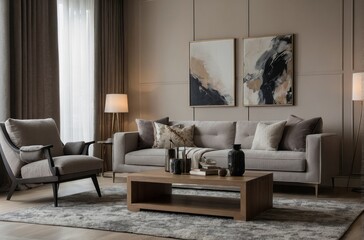 Modern Beige Living Room Design With Grey 3 Seater Sofa