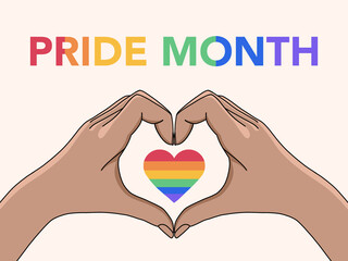 hand-drawn hands in a heart shape with lgbt colors for pride month