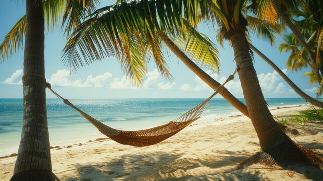Romantic cozy hammock in the shadow of the palm on the tropical beach by the sea