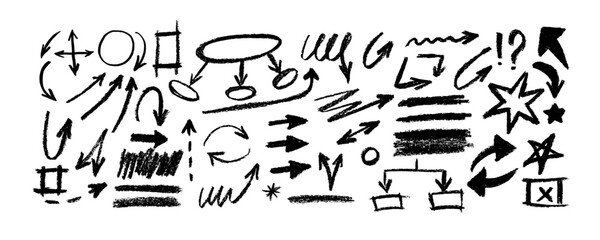 Hand drawn doodle design elements, black on white background. Swishes, swoops, emphasis, Arrow,  brush stroke. Doodle sketch design elements