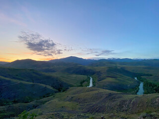 Naklejka premium bayburt baksı museum view on a high hill look to a beautiful valley with coruh river and clouds on sky