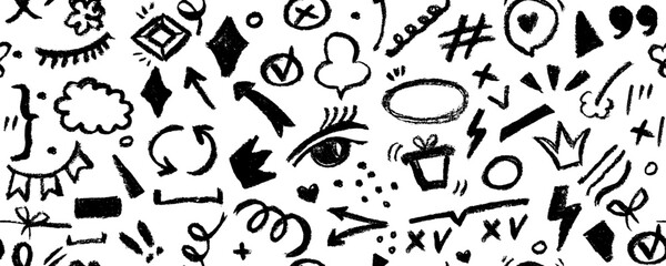 Hand drawn  geometry shapes and line doodle seamless pattern. Creative comic style art background, trendy design with scribble shapes on white backdrop.