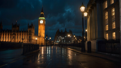Fototapeta premium The magnificent clock tower, likely the Big Ben, lit up against the evening sky amidst street lamps