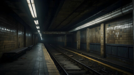 Fototapeta premium An atmospheric shot capturing the eerie and abandoned feel of an empty subway platform with flickering lights