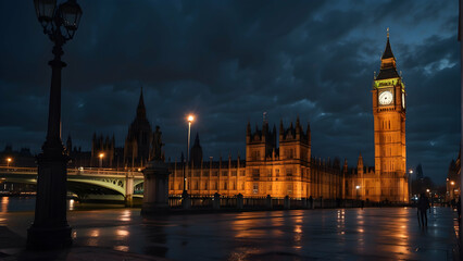 Fototapeta premium Nighttime view of London's Big Ben and the Houses of Parliament illuminated, showcasing historic architecture and a city's heritage