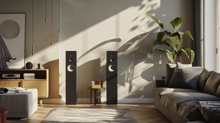 Modern loudspeakers on stepladder stool near sofa in l