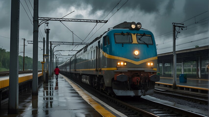 Obraz premium A train pulls into a station platform as a person with a red umbrella waits, captured on a gloomy, overcast day with rain