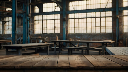 Obraz premium A spacious industrial-style workshop with large windows, wooden tables, and a sunny ambiance