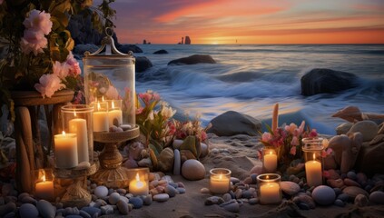 Fototapeta premium Sunset Splendor Candles on Sandy Shores with Shells.