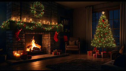 Naklejka premium Warm and inviting living room decorated for Christmas with a glowing fireplace and tree