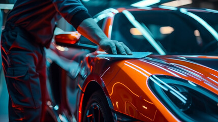 Car wrapping specialist at work, wrapping a sports car with glossy vinyl car wrap, applying gloss flip car film