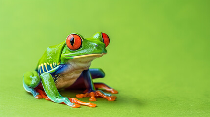 Naklejka premium Green Frog With Red Eyes Sitting on Green Surface