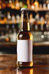 Chilled Beer Bottle with Blank Label on Wooden Bar Counter