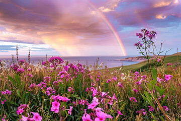 Generative ai on theme of beautiful tranquil landscape with magical bright rainbow at cloudy sky