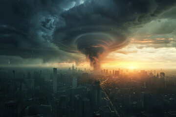 Obraz premium Generative ai on theme of scary ominous huge hurricane tornado, apocalyptic dramatic background