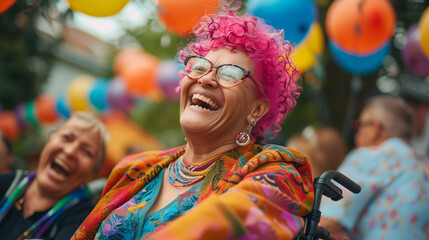 Happy disabled mature black lesbian with pink hair in wheelchair at summer office party. Inclusion & diversity at pride month. Inclusive elderly gay woman - Powered by Adobe