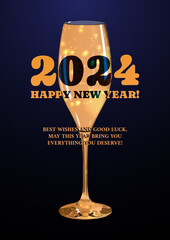 Happy New Year celebration congratulation design with realistic 3D champagne glass