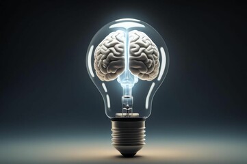 Brain light bulb human brain glowing inside a light bulb. Neon light bulb with brain on black background. Concept of idea and insight. 