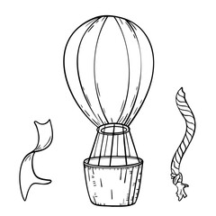 Hot air balloon black and white vector illustration isolated. Balloon silhouette with basket and a ribbon. Retro airship simple coloring. Black contour vintage air transport and rope hand drawn