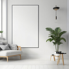 Blank picture frame mockup on white wall. White living room design. View of modern Scandinavian style interior with artwork mock-up on wall. Home staging and minimalism concept