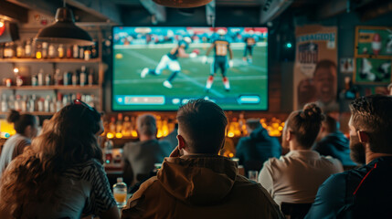 People watching american football on TV in a sports bar.	