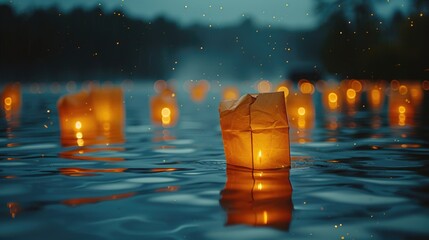 Paper lanterns candles glowing floating on dark water night time fire flames flying sparks