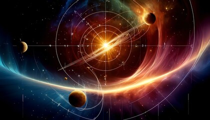 Obraz premium A colorful cosmic scene with planets, a radiant sun, orbits, and scientific equations in deep space.