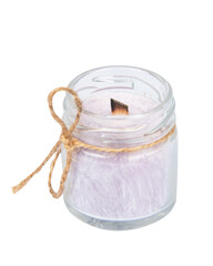 Beautiful candle with wooden wick isolated on white