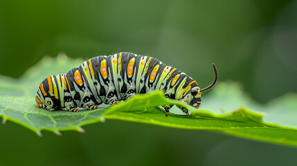Naklejka premium Monarch Caterpillar Feeding on Leaf