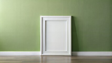 White Frame on Soft Green Wall: A simple white frame on a soft green wall, creating a calming and serene presentation for photos or artwork.
