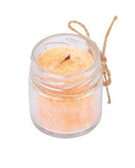 Beautiful candle with wooden wick isolated on white