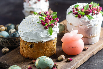 Easter cake with Swiss meringue and  flowers. Easter eggs
