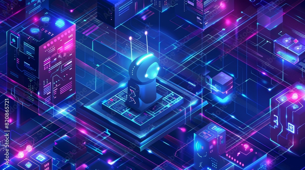 Poster modern illustration of a chatbot technology concept on an ultraviolet web banner with big data strea
