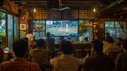 Indian people watching cricket on TV in a sports bar.	