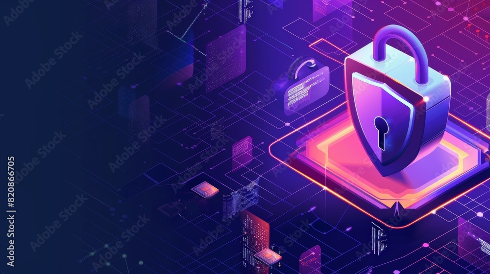 Poster cyber data security isometric landing page. database protection, computer internet, and database sec