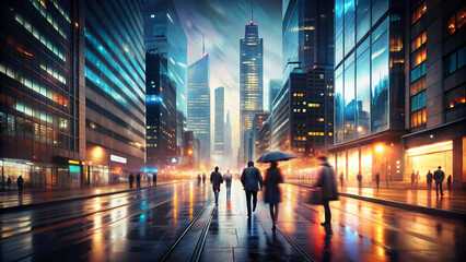 Busy city night scene with cars on illuminated streets below towering skyscrapers in motion blur style