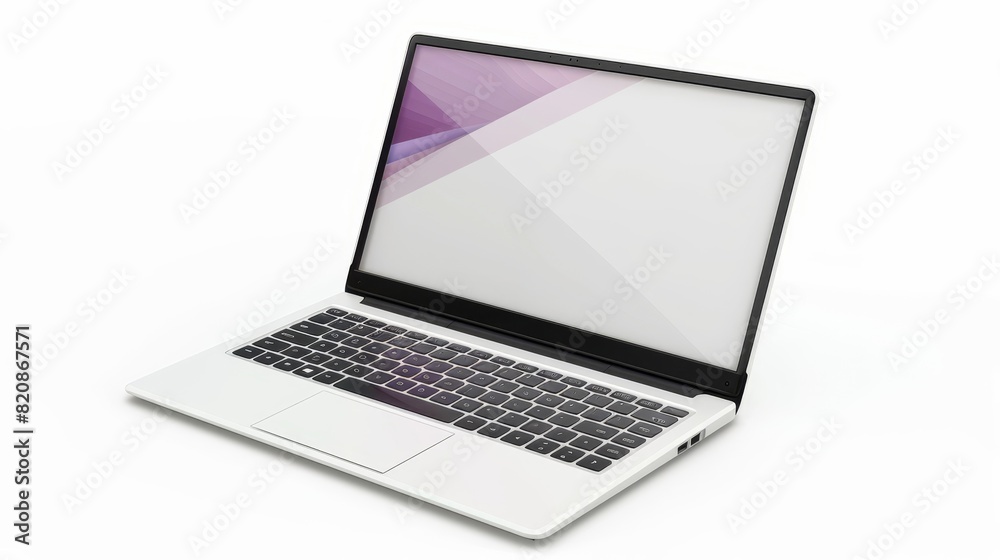 Poster the front and angle of a laptop computer featuring a white screen and keyboard. modern realistic moc