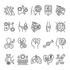 Human diseases  line black icons set. Signs for web page, mobile app, button, logo. Vector isolated buttons.