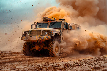 Logistics truck that transports army weapons at full speed through the desert to reach the forefront