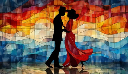 Abstract art of a Cuban couple dancing la Totcha, colorful geometric shapes and line