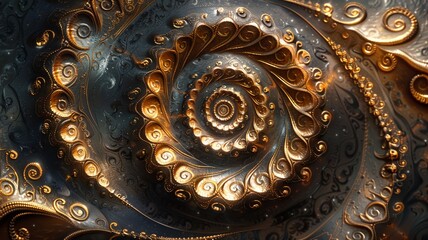 Intricate 3d golden spirals on a dark mocha abstract backdrop
