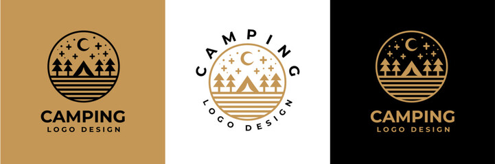 Simple camping logo with tent shape, tree and fire. camping outdoors nature adventure sign or symbol for travel tourism. Vintage summer camping logo.
