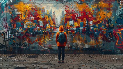 A person standing in front of an urban mural filled with vibrant graffiti art, reflecting the street culture and creativity that surrounds them. 